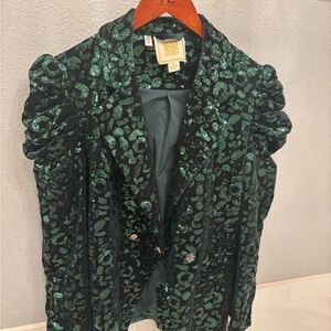 Emily McCarthy Green Sparkle Cheetah Patterned Blazer